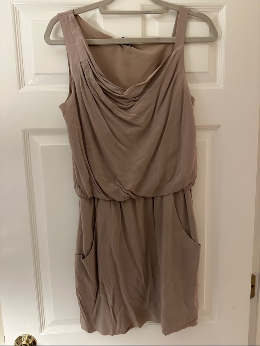 Theory Taupe Sleeveless Midi Dress with Draped Neckline